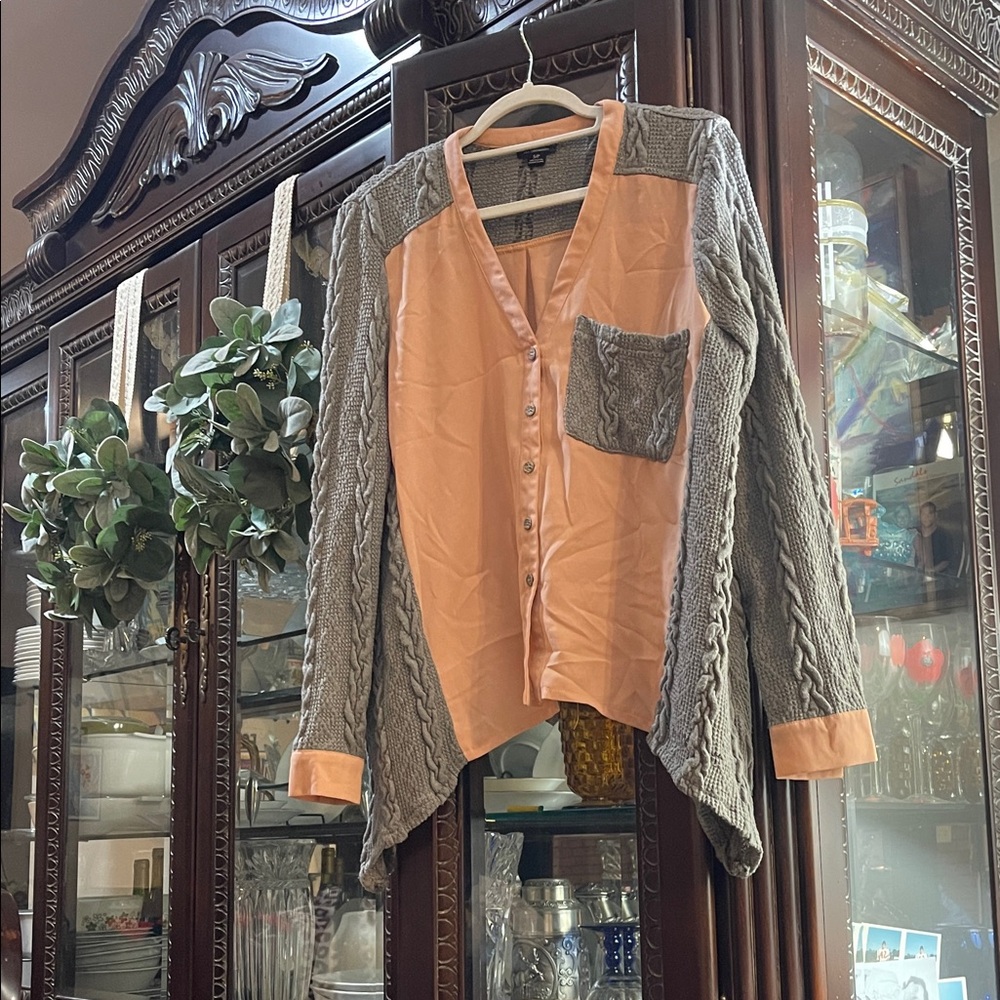 Gray and Peach Button-Up Women's Blouse